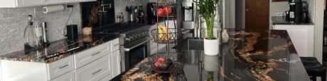 Black Magma Granite Kitchen Countertop Stacked Stone Backsplash Katy, Texas