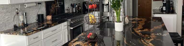 Black Magma Granite Kitchen Countertop Stacked Stone Backsplash Katy, Texas